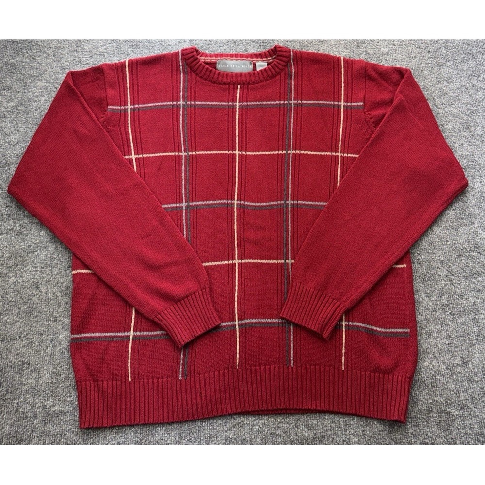 Oscar de la Renta Men's XL Red Plaid Crewneck Cotton Sweater Pullover